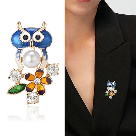 Spilla Gufo in Lega Vintage per Donna Con Smalto Blu Perla Artificiale E Fiore in Strass Spilla Animale Accessorio Moda