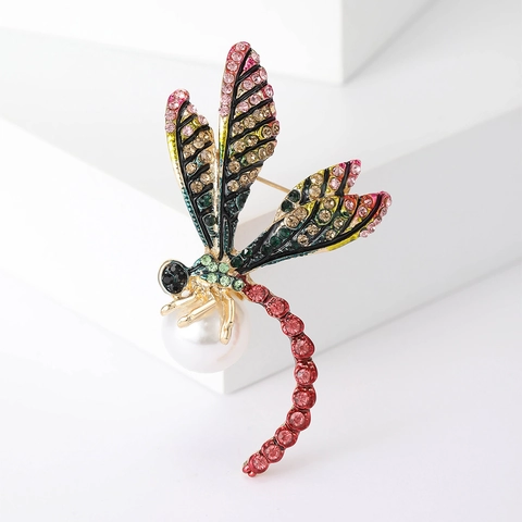 Elegante Spilla Libellula in Lega Con Strass Colorati Grande Perla Artificiale Intarsiata Gioielli Animali per Decoro Vestito Donna