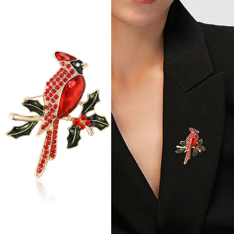 Broche Oiseau Cardinal Rouge Mode Émail Feuille De Houx Strass Épingles Animaux Noël Alliage Bijoux Corsage Cadeau Femme