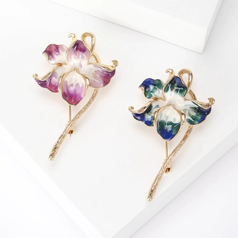 Elegant Alloy Flower Brooch Drip Oil Enamel Floral Pin Gradient Orchid Shape For Women Suits Coats Fashion Office Jewelry