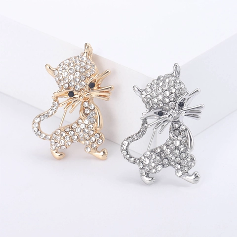 Handgefertigte Legierung Strass Katze Brosche Koreanisch Süß Anti-Exposition Sicherheitsnadel Katze Tier Geformte Strass Brosche