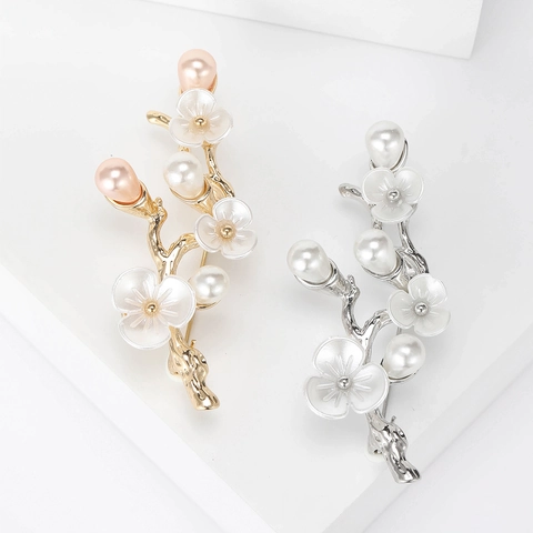 Elegant Peach Blossom Flower Branch Brooch Pin Alloy With Faux Artificial Pearl Inlaid Vintage Gold Silver Plated Jewelry For Women Wedding Banquet Party Dress Accessories