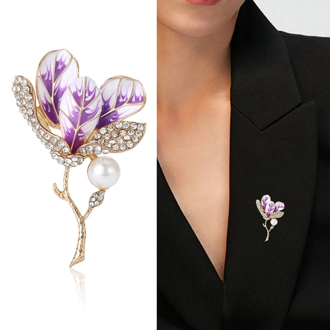 Eleganter Hibiskus Blume Emaille Brosche Für Damen Legierung Strass Eingelegt Blütenblatt Floral Brustnadel Mit Künstlicher Perle Schmuck