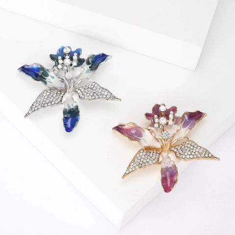 Elegant Orchid Flower Brooch Pin For Women Alloy Gradient Enamel Rhinestone Inlaid Floral Breastpin Fashion Jewelry Gift