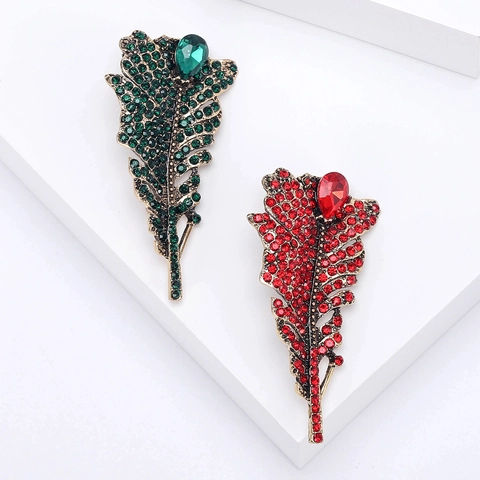 Vintage Legierung Strass Feder Brosche Für Damen Hochwertiger Anzug Elegant Eingelegt Blattform Kleidung Kleid Zubehör