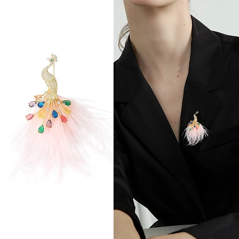 Spilla Pavone in Lega Vintage Con Strass e Dettaglio Piuma Spilla Animale Con Gemme Colorate per Donna Gioielli per Cappotto