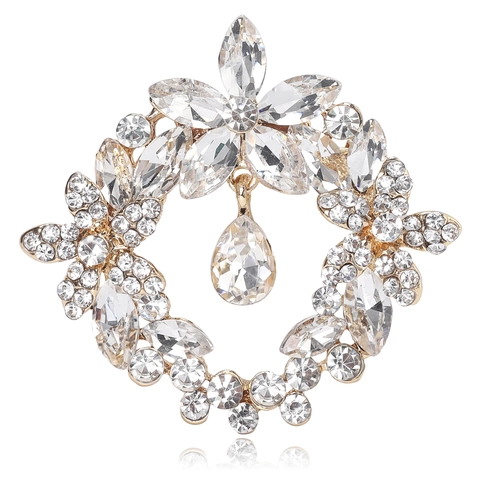 Broche Élégante en Alliage de Strass Forme Couronne de Fleurs Avec Pendentif Goutte Bijoux Vintage Luxe Épingle pour Costumes Manteaux Femmes
