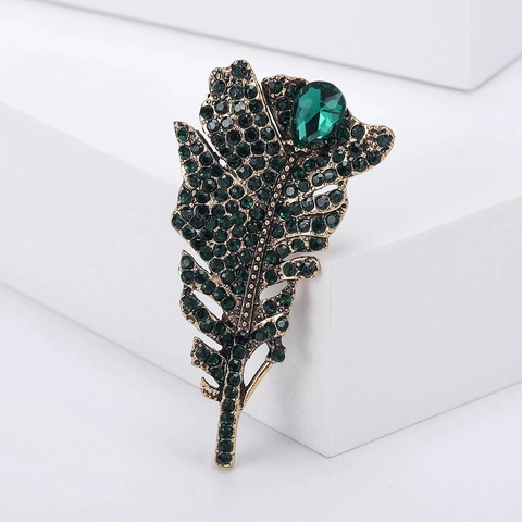 Vintage Legierung Strass Feder Brosche Für Damen Hochwertiger Anzug Elegant Eingelegt Blattform Kleidung Kleid Zubehör