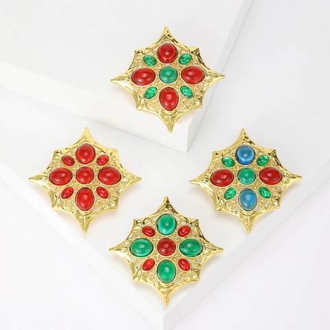 Vintage Vergoldet Achtzackiger Stern Brosche Für Damen Palast Stil Bunt Glas Cabochon Strass Corsage Schmuck Geschenk