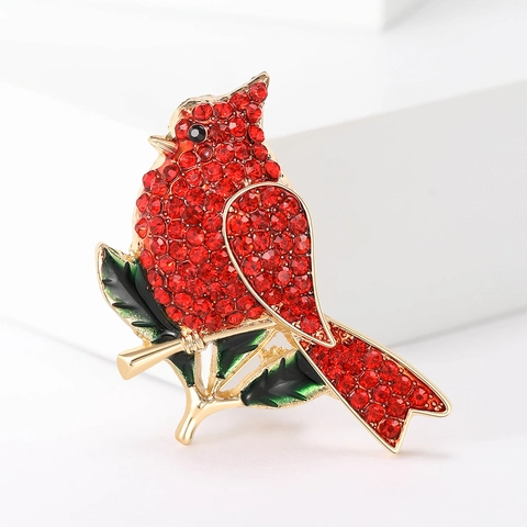 Vintage Spilla Uccello Cardinale Rosso per Donna Lega Oro Strass Intarsiato Smalto Foglia Animale Pin Moda Accessori Abbigliamento Regalo