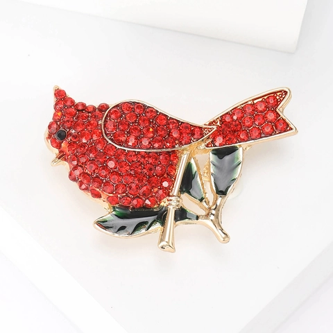 Vintage Alloy Red Cardinal Bird Brooch Pin Rhinestone Enamel Gold Plated Animal Brooches For Women Fashion Jewelry Accessories
