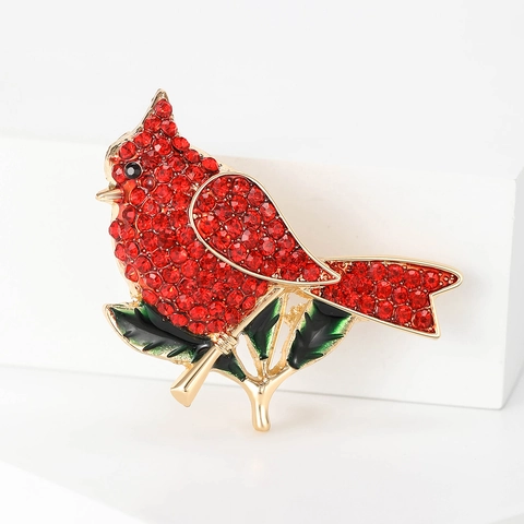 Vintage Spilla Uccello Cardinale Rosso per Donna Lega Oro Strass Intarsiato Smalto Foglia Animale Pin Moda Accessori Abbigliamento Regalo