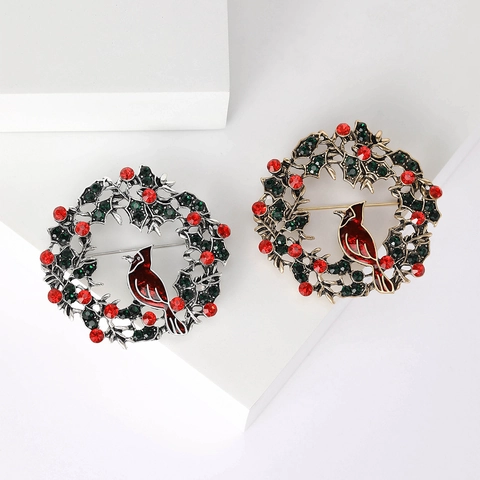 Broche Couronne de Noël Oiseau pour Femmes Alliage Strass Émail Cardinal Couronne de Fleurs Épinglette Bijoux de Vacances Vintage