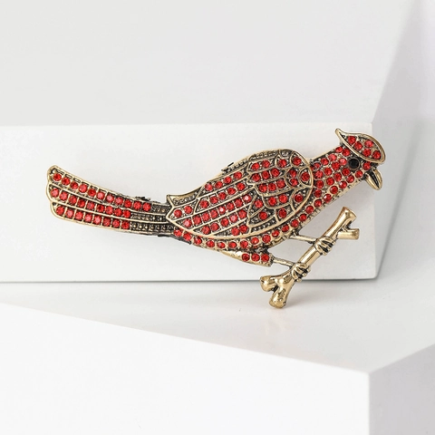 Vintage Vergulde Legering Rode Kardinaal Vogel Brosche Met Strass Verfijnde Dieren Borstspeld Voor Dames Sieraden