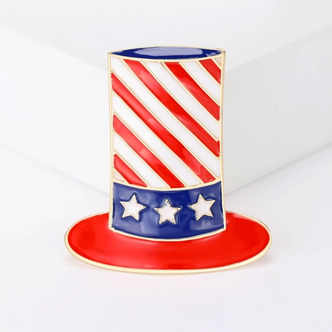Patriotic Uncle Sam Top Hat Brooch American Flag Pin Enamel Alloy Red White Blue Star Stripes Independence Day Jewelry