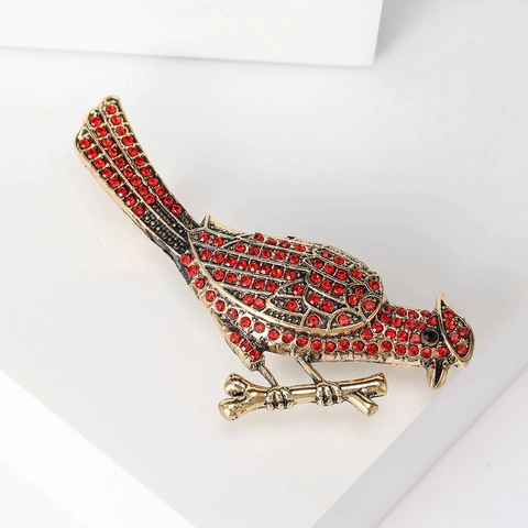 Vintage Vergulde Legering Rode Kardinaal Vogel Brosche Met Strass Verfijnde Dieren Borstspeld Voor Dames Sieraden
