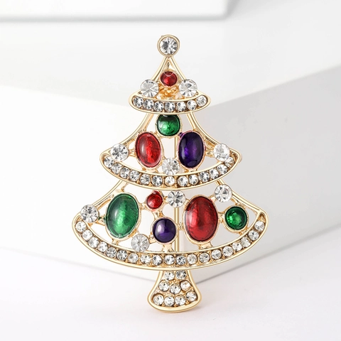 Moda Spilla a Forma di Albero di Natale Traforata in Lega Con Strass Colorati Pietre Preziose Artificiali Regalo di Natale Donna Uomo
