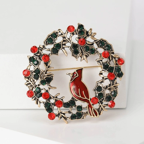 Broche Couronne de Noël Oiseau pour Femmes Alliage Strass Émail Cardinal Couronne de Fleurs Épinglette Bijoux de Vacances Vintage