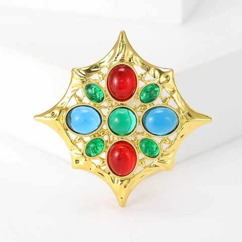 Vintage Vergoldet Achtzackiger Stern Brosche Für Damen Palast Stil Bunt Glas Cabochon Strass Corsage Schmuck Geschenk