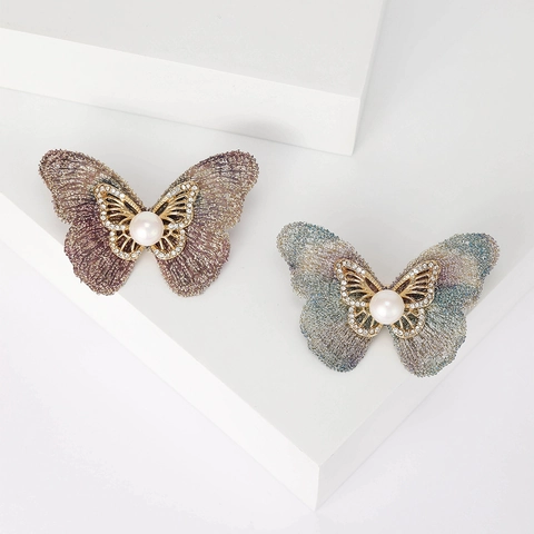 Eleganter Kupfer Schmetterling Brosche Für Damen Strass Künstliche Perle Stoff Flügel Vintage Anzug Nadel Schmuck