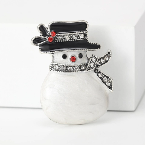 Spilla Natalizia a Forma di Pupazzo di Neve in Lega Smaltata Con Strass Cappello Nero Sciarpa Rossa per Donna Gioielli di Moda per Feste