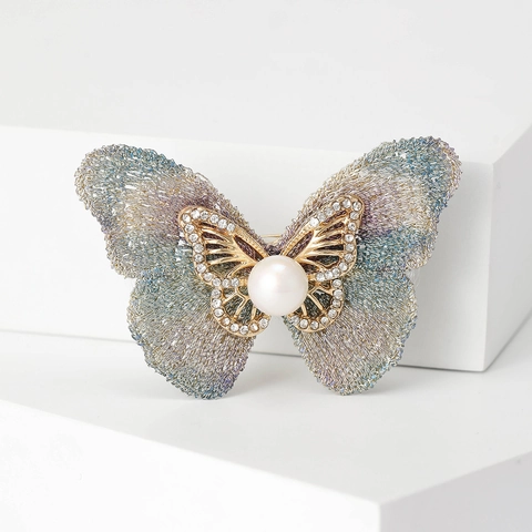 Eleganter Kupfer Schmetterling Brosche Für Damen Strass Künstliche Perle Stoff Flügel Vintage Anzug Nadel Schmuck