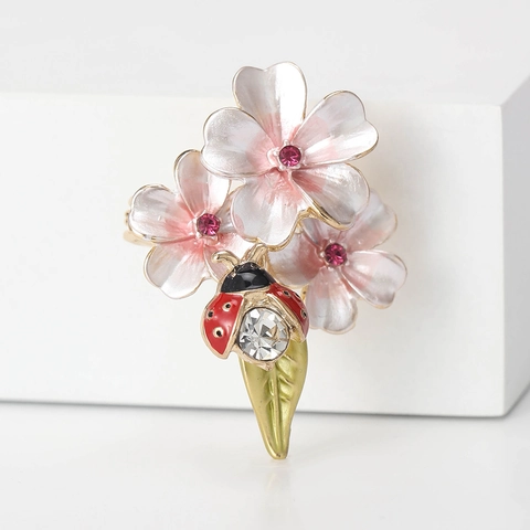 Cute Alloy Flower Ladybug Brooch For Women Enamel Floral Rhinestone Corsage Pin Fashion Nature Jewelry Accessories Gift
