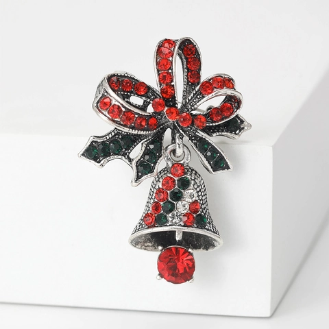 Broche de Campana de Navidad Vintage Aleación Lazo Diamantes Incrustados Esmalte Hecho a Mano para Mujer Decoración Fiesta