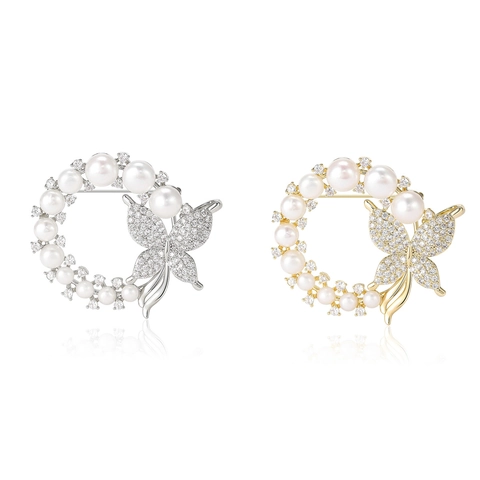 Elegante Koperen Vlinder Bloemkrans Brosje Met Zoetwaterparel En Zirconia High End Ingelegde Mode Sieraden Pin Voor Vrouwen