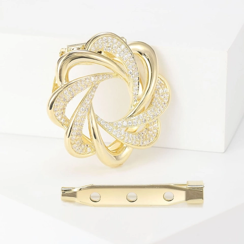 Broche de Flor de Cobre para Mujer Chapado en Oro con Strass Clip de Bufanda Elegante Joyería de Moda Pin para Mujer