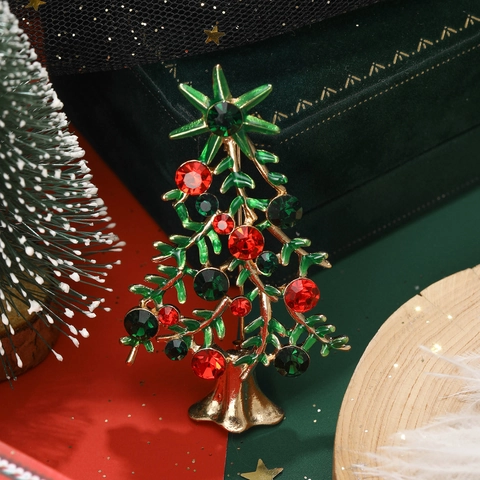 Fashion Christmas Tree Brooch Alloy Rhinestone Manual Enamel Festive Corsage Pin Green Gold Women Accessories For Party Gift