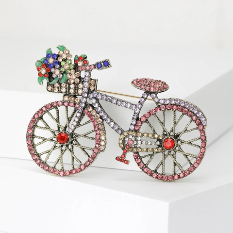 Retro-Fahrradbrosche aus Legierung für Damen mit bunten Strasssteinen und Blumenkorb-Design Modischer Anstecker Schmuck Geschenk