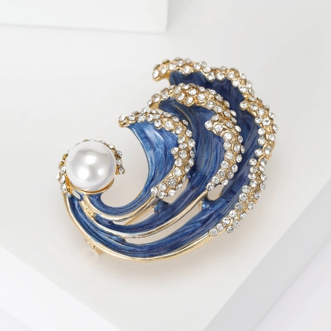 Ocean Wave Alloy Brooch For Women Gold Blue Enamel Rhinestone Artificial Pearl Wave Pin Scarf Buckle Fashion Jewelry Gift