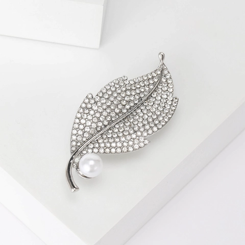 Elegante Spilla a Foglia Con Strass E Perla Artificiale Lega Placcata Oro Argento Spille per Donna Gioielli per Abito