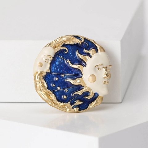 Vintage Zon Maan Hemelse Emaille Broche Pin Vergulde Legering Sterrenhemel Blauw Reversspeld Voor Pak Jurk Vrouwen Sieraden