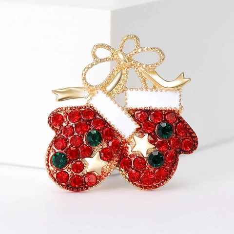 Weihnachten Rote Handschuhe Brosche Für Damen Legierung Strass Emaille Schleife Stern Pin Festlich Schmuck Anzug Kleid Accessoire