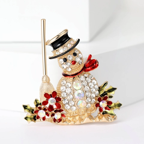 Simpatica Spilla a Forma di Pupazzo di Neve di Natale per Donna Lega Strass Smalto Pupazzo di Neve Con Scopa Spilla Gioielli