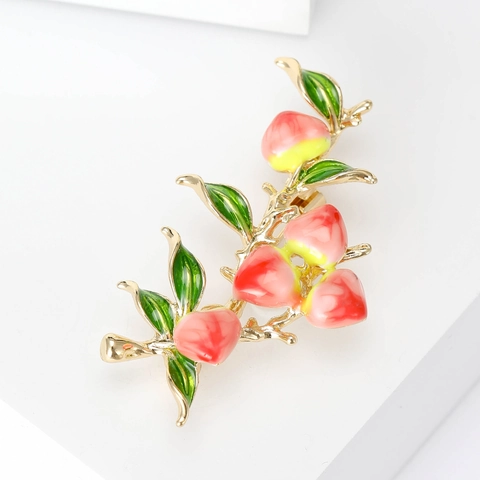 Simpatica Spilla a Forma di Pesca in Lega Smaltata Rosa Ramo di Pesca per Donna Decorazione Risvolto Abito Moda
