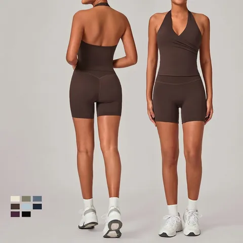 Dames Halter V-hals Yoga Set Geplooid Sport BH En High Waist Shorts Tweedelige Workout Outfits Sport Fitness Pak