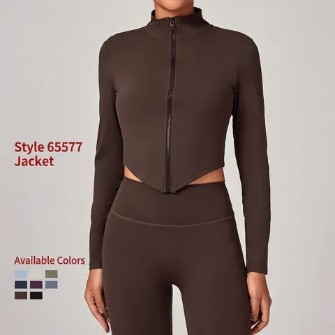 Chaqueta de Yoga Ajustada Mujer Cuello Alto Cremallera Manga Larga Top de Entrenamiento Alta Elasticidad Transpirable Secado Rápido Fitness