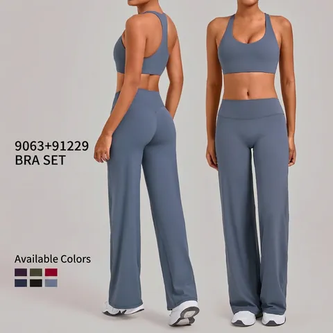 Ensemble de Yoga Deux Pièces pour Femmes Nylon Élasthanne Brassière Sport Dos Nageur Pantalon Taille Haute Jambe Large