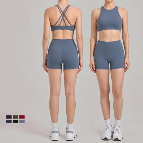 Women Sexy Crisscross Back Yoga Set High Waist Running Shorts Sports Bra Top And Bottom Fitness Athletic Outfits