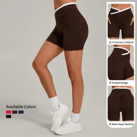 Dames High Waist V-Cross Yoga Shorts Met Zakken Contrast Tailleband Buikcontrole Workout Hardlopen Scrunch Butt Gym Shorts