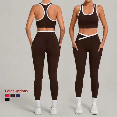 Women Brushed Contrast Color Yoga Set Racerback Sports Bra And High Waisted V-Cross Leggings With Side Pockets Gym Outfit