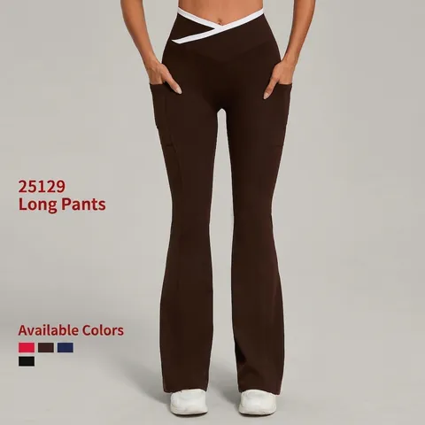 Women High Waist Yoga Flare Pants Cross Waist Contrast Color Leggings With Side Pockets Flared Fitness Workout Sport Trousers