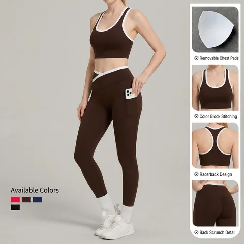 Women Brushed Contrast Color Yoga Set Racerback Sports Bra And High Waisted V-Cross Leggings With Side Pockets Gym Outfit