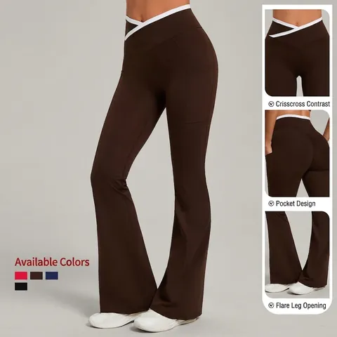 Women High Waist Yoga Flare Pants Cross Waist Contrast Color Leggings With Side Pockets Flared Fitness Workout Sport Trousers