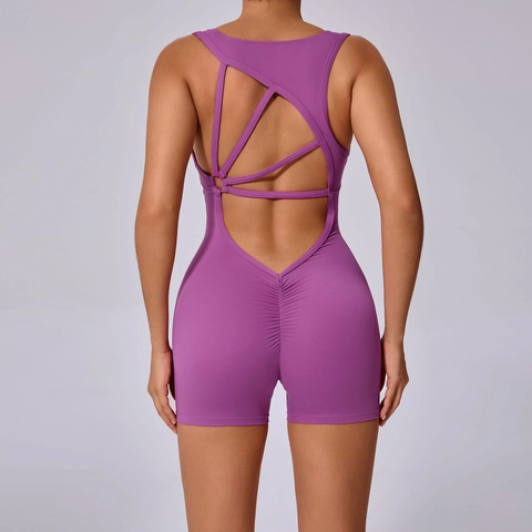 Pagliaccetto Yoga Sexy da Donna con Arricciatura Push-up Scollo a V Cutout Incrocio sulla Schiena Tuta Fitness Body Sportivo