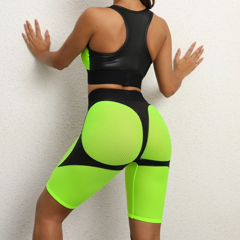 Dames 2-Delige Yoga Set Nylon Spandex Sport BH En Hoge Taille Wielrenbroek Gaas-Splitsing Gym Fitness Outfit Trainingspak