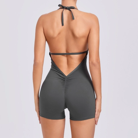 Women Halter Neck Deep V Backless Scrunch Butt Yoga Jumpsuit Nylon Spandex High Elastic Fitness Bodysuit Sports Romper